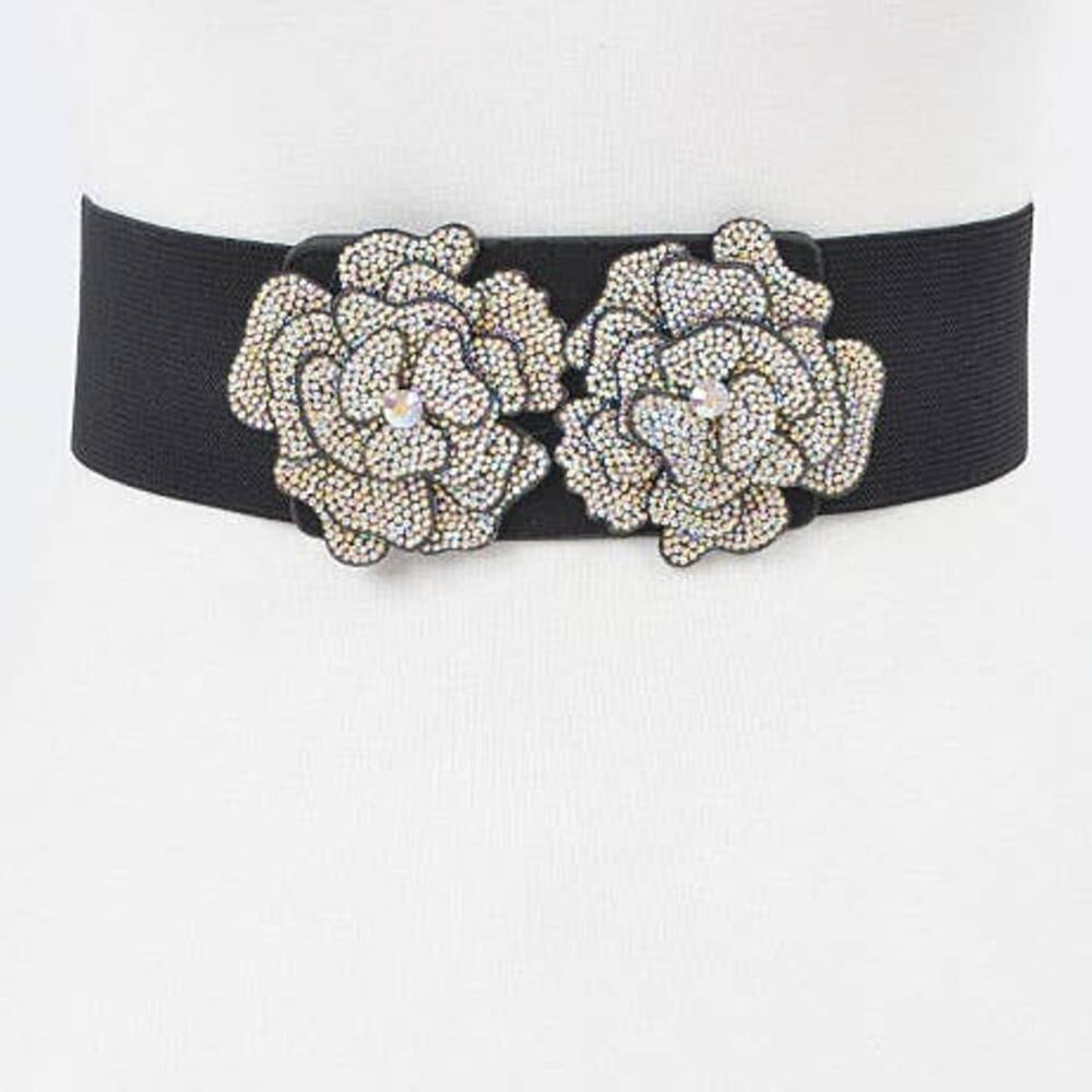 Auroa Borealis Stone Flower Elastic Belt – Black